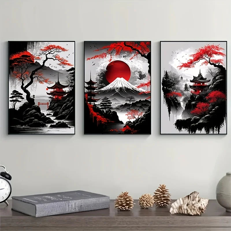 3pcs Japanese Landscape Canvas Painting