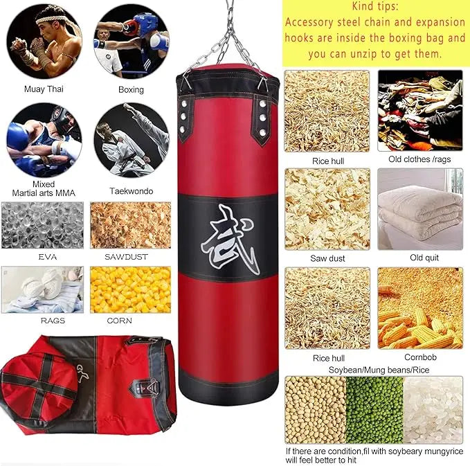 Heavy Duty Oxford Cloth Sandbag, Red, Unfilled Hanging Boxing Bag Set with Gloves and Hooks for MMA, Karate, Kickboxing Training