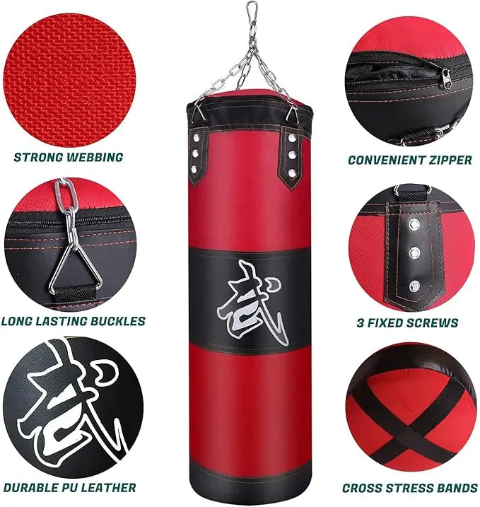 Heavy Duty Oxford Cloth Sandbag, Red, Unfilled Hanging Boxing Bag Set with Gloves and Hooks for MMA, Karate, Kickboxing Training