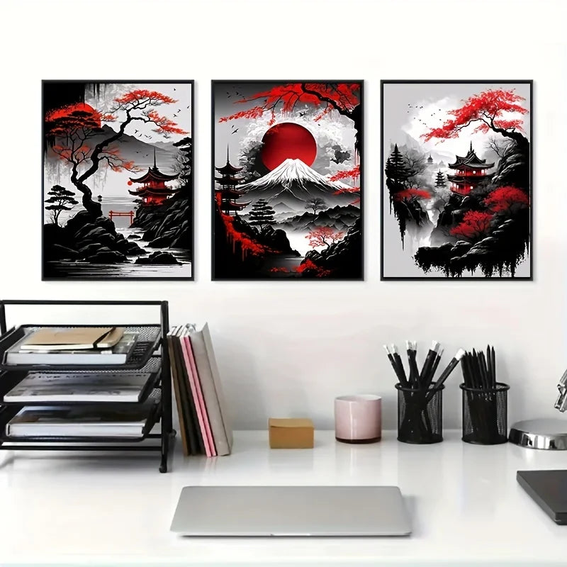 3pcs Japanese Landscape Canvas Painting