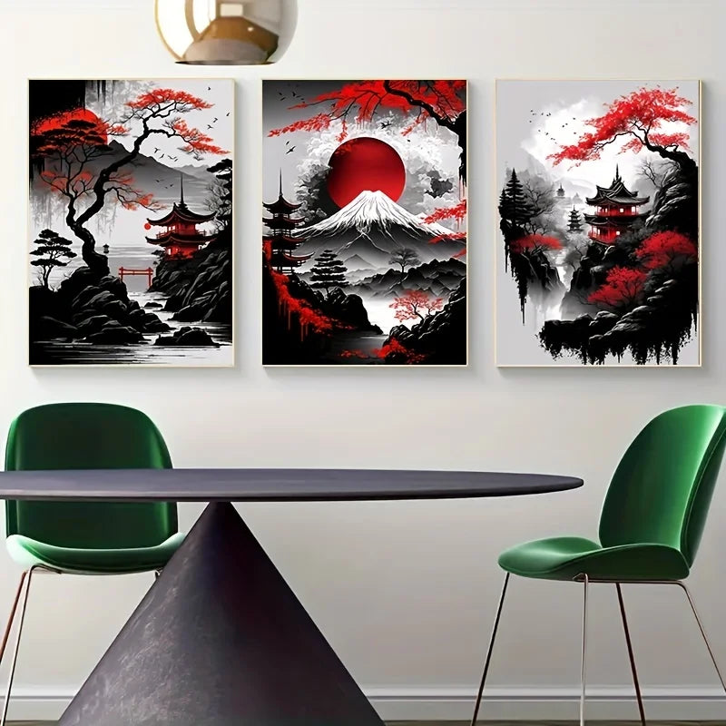 3pcs Japanese Landscape Canvas Painting
