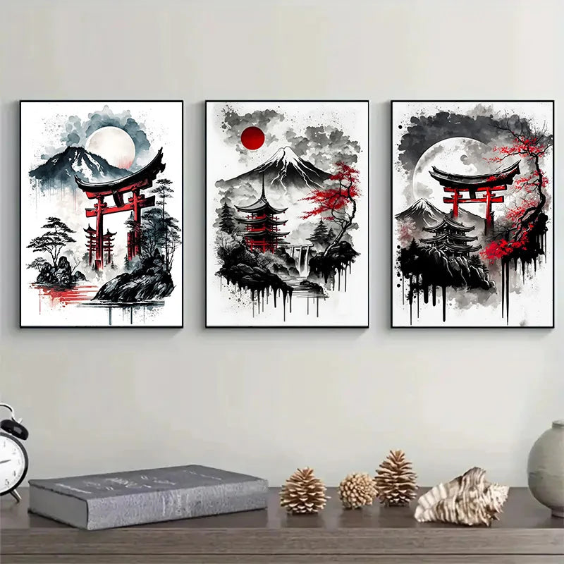 3pcs Japanese Landscape Canvas Painting