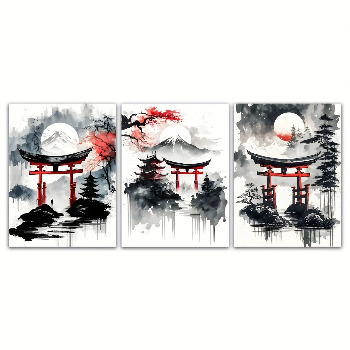 3pcs Japanese Landscape Canvas Painting