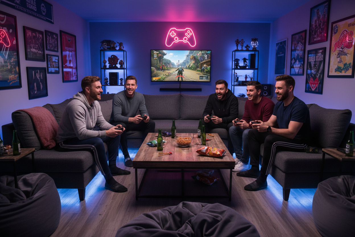 I need 5 guys who are friends, and they sit on a sofa playing video games in a mancave looking room.