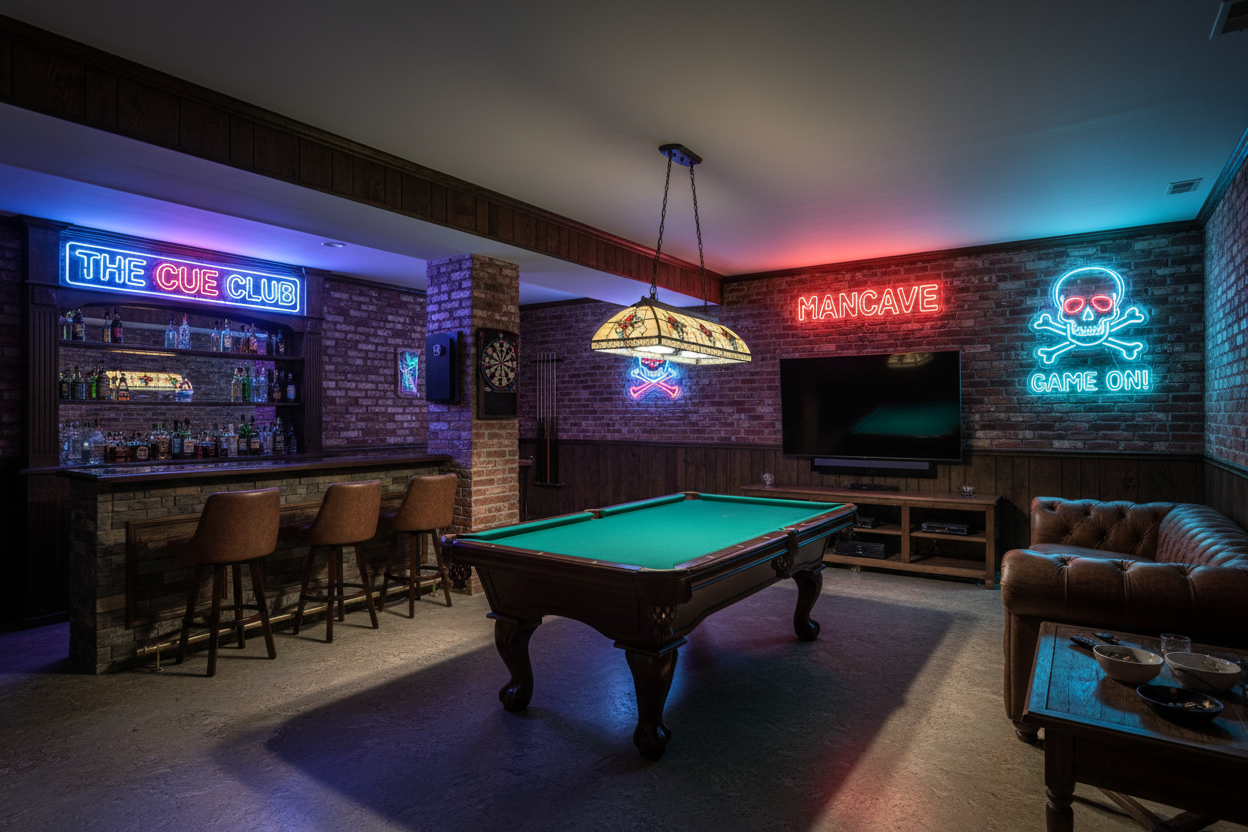 Typical mancave with neon signs, pool table, bar, sofa and tv